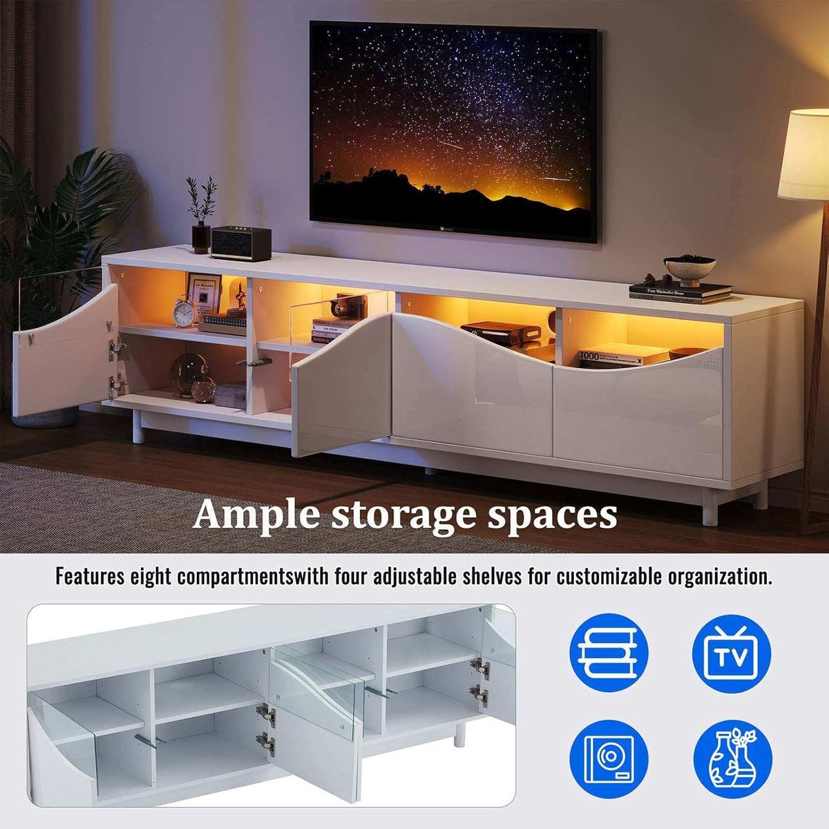 TV Lowboard Urbanhome Luminara – 175 cm hoogglans TV-kast met LED-verlichting, 4 gebogen deuren met gehard glas – Witte moderne TV-kast voor woonkamer en slaapkamer, geschikt voor televisies tot 70 inch