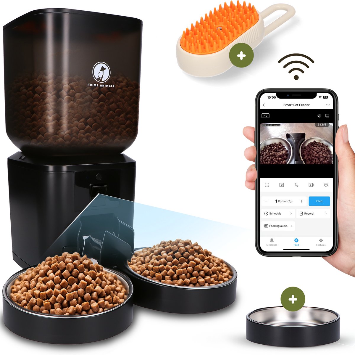 Automatische Voerbak Kat en Hond 7L Upgraded – Slimme Voerdispenser met Camera – Full HD 1080P Night Vision – Two-Way Audio – RVS Dubbele en Enkele Voerbak – App-bediening – Voerschema Instellen – Prime AnimalZ – Zwart