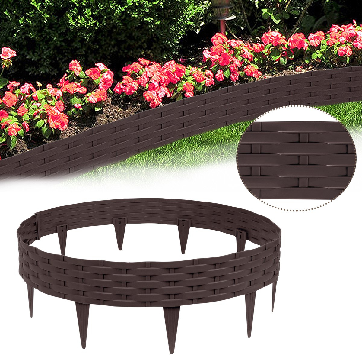Froadp 20m Grasmaaierrand Bloembedrand Tuinpalisade met 20 Elementen á 100 cm Kunststof Rotan Design Bloembedhek Wilgenhaag Palissades Buisvormig UV-bestendig Weerbestendig Aarde Priem Bruin