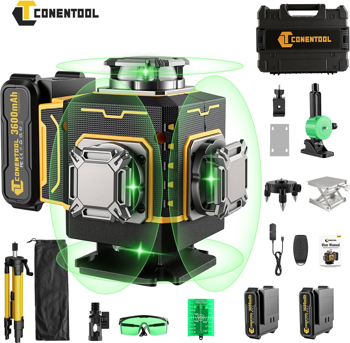 CONENTOOL Kruislijnlaser 4D 16-lijn Kruislijnlaser + Statief 1m - Zelfnivellerende 360° Graden Groene laser - Incl. 2x accu & handige draagtas - Lijnlaser - Bouwlaser - Laserwaterpas