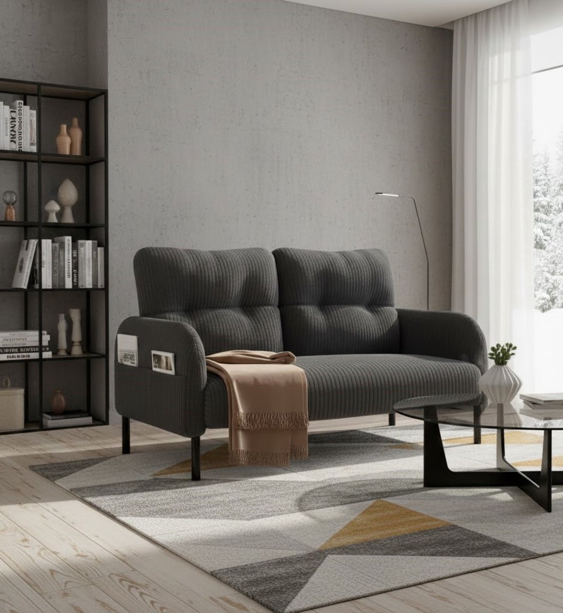Luxe 2-Zits Corduroy Bank | Comfortabele Loveseat met Hoge Rugleuning, 4 Opbergzakken en Stalen Poten | Moderne Bank voor Woonkamer, Slaapkamer of Kantoor | Grijs House&Garden