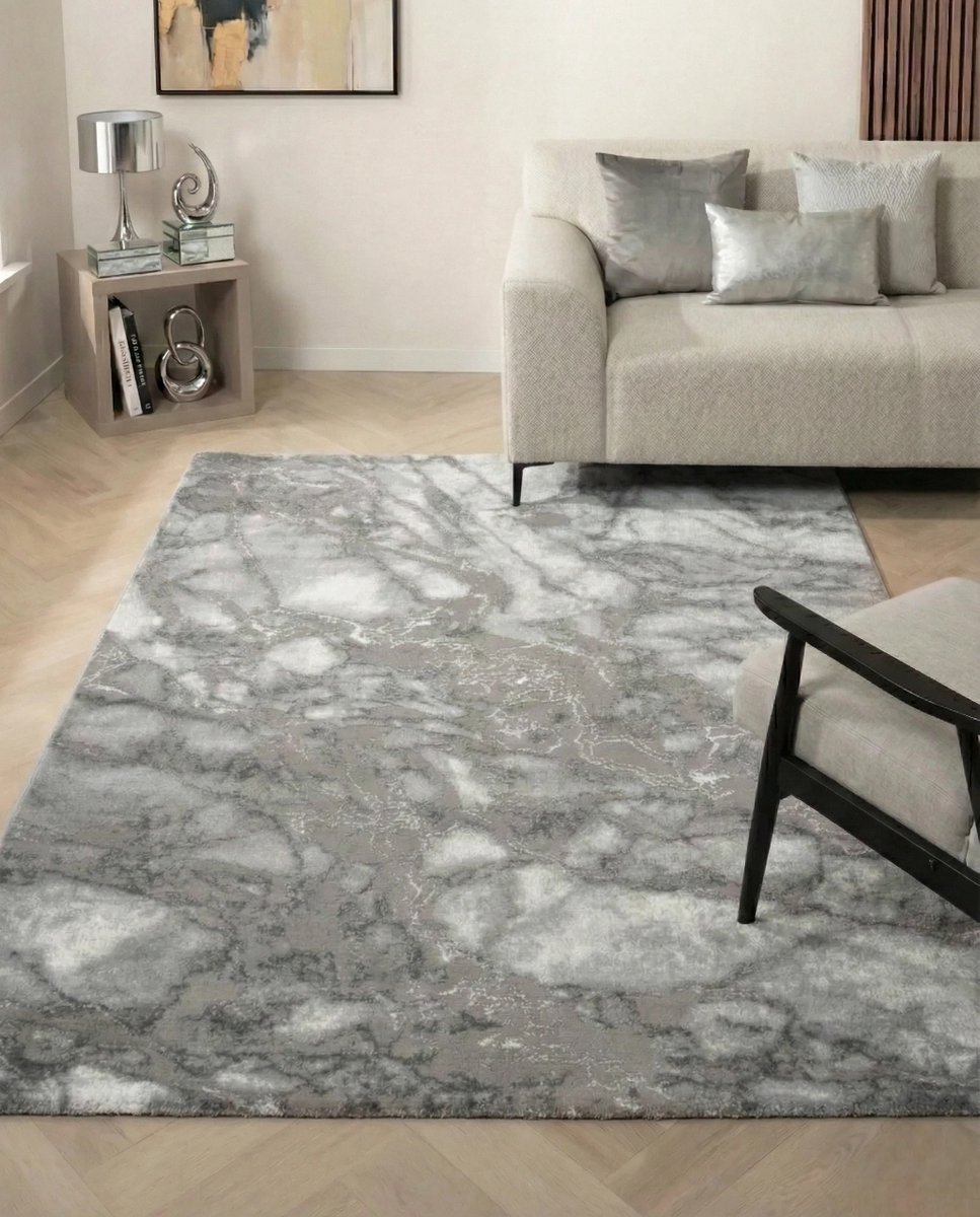 Flycarpets Marble Laagpolig Marmer Vloerkleed - Grijs / Zilver - Luxe Tapijt - 160x230 cm