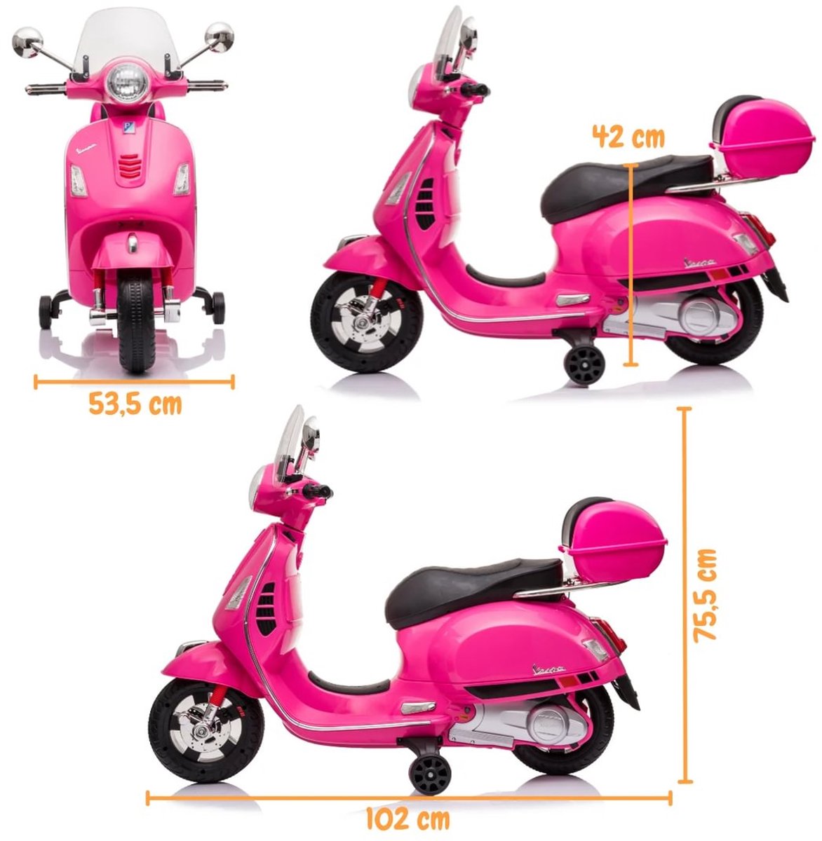 Vespa GT Full Option Elektrische Kinderscooter 3 tot 6 jaar – Officieel Gelicentieerde Kinder Vespa met Kofferbak & Verwijderbare Zijwieltjes – Li-ion Kindermotor met Kunstlederen Zitje, MP3 AUX & USB – Roze — afbeelding 4