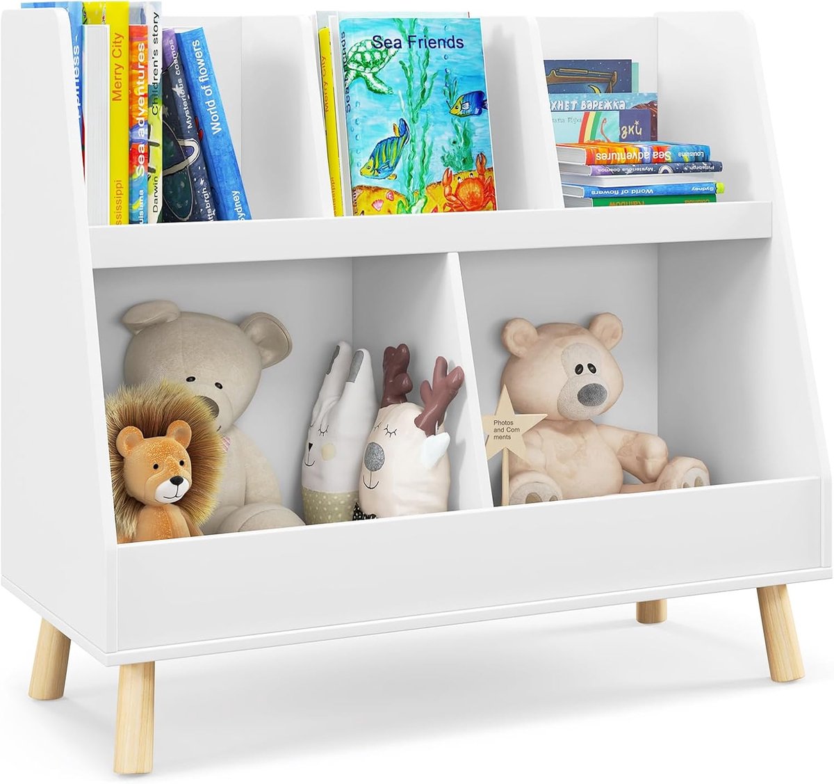 KOMFOTTEU Kinderrek met 5 vakken, boekenrek voor kinderen met massief houten poten, 2 verdiepingen tellend speelgoedrek van hout met kantelbeveiliging voor kinderkamer, speelkamer, klaslokaal, wit