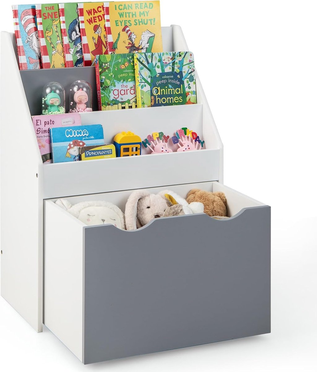 KOMFOTTEU Kinderboekenkast, speelgoedrek met 3 vakken en uittrekbare lade, speelgoedorganizer met 4 universele wielen, uitgesneden handgrepen voor kinderen van 3 tot 6 jaar oud