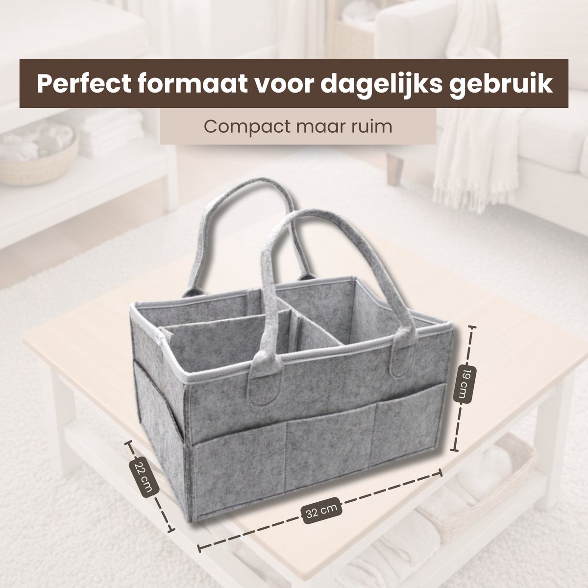 Luiertas Vilt - Grijs - Vilt - 32 x 22 x 19 cm - Luier Organizer - Draagbare Organiser met Handige Vakken - Verzorgingstas – foto 2