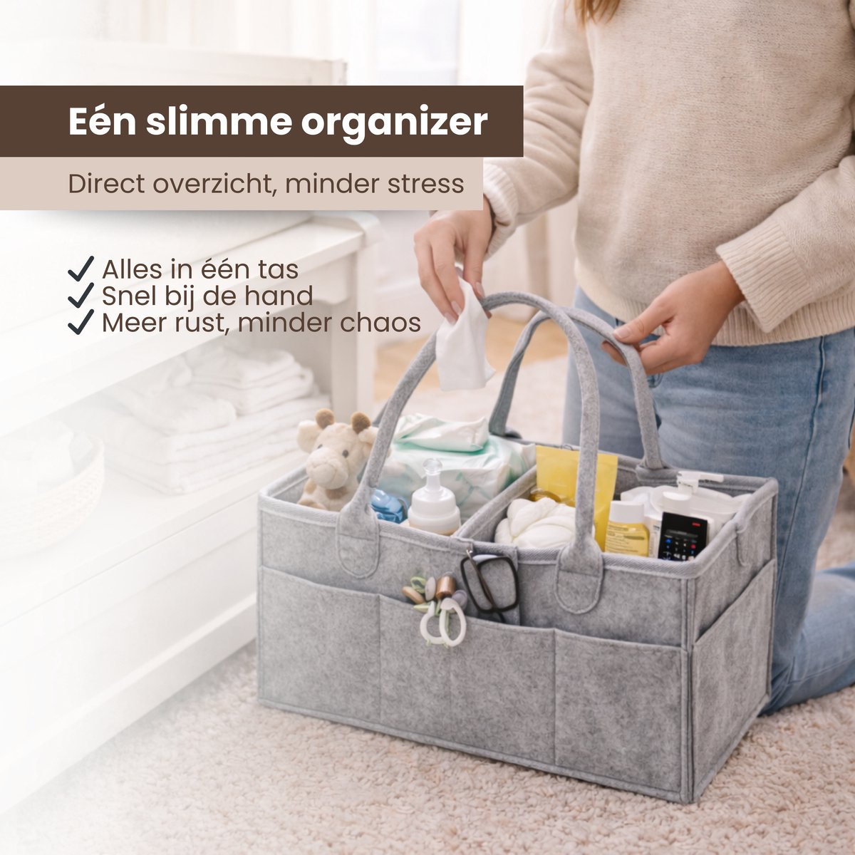 Luiertas Vilt - Grijs - Vilt - 32 x 22 x 19 cm - Luier Organizer - Draagbare Organiser met Handige Vakken - Verzorgingstas – foto 5