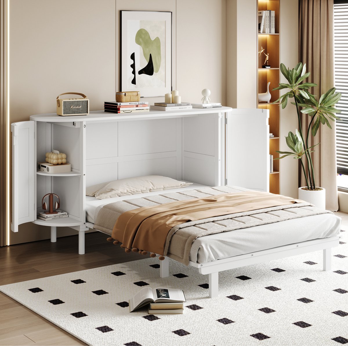 MIVRAY Wandklapbed 140x200 Cm Zonder Matras - Met Lattenbodem En Opbergvakken - Ruimtebesparend Kastmodel Met Rotan - Hout - Wit