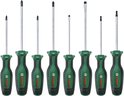 Acht Bosch schroevendraaiers met groene handvatten en markeringen PH1, PH2, PZ1, PZ2, SL4, SL6.5, T20, T25.