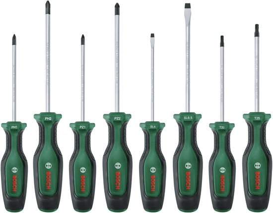 Acht Bosch schroevendraaiers met groene handvatten en markeringen PH1, PH2, PZ1, PZ2, SL4, SL6.5, T20, T25.