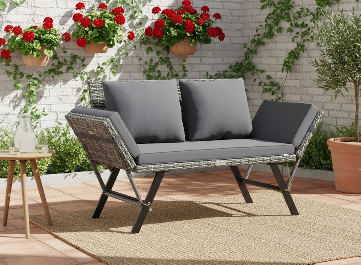 Luxe 2-in-1 Tuinbank & Ligbed – Verstelbare Loungebank met Kussens, Weerbestendig Polyrattan, Comfortabel 3-Persoons Zonnebed voor Tuin, Balkon & Terras – Grijs House&Garden