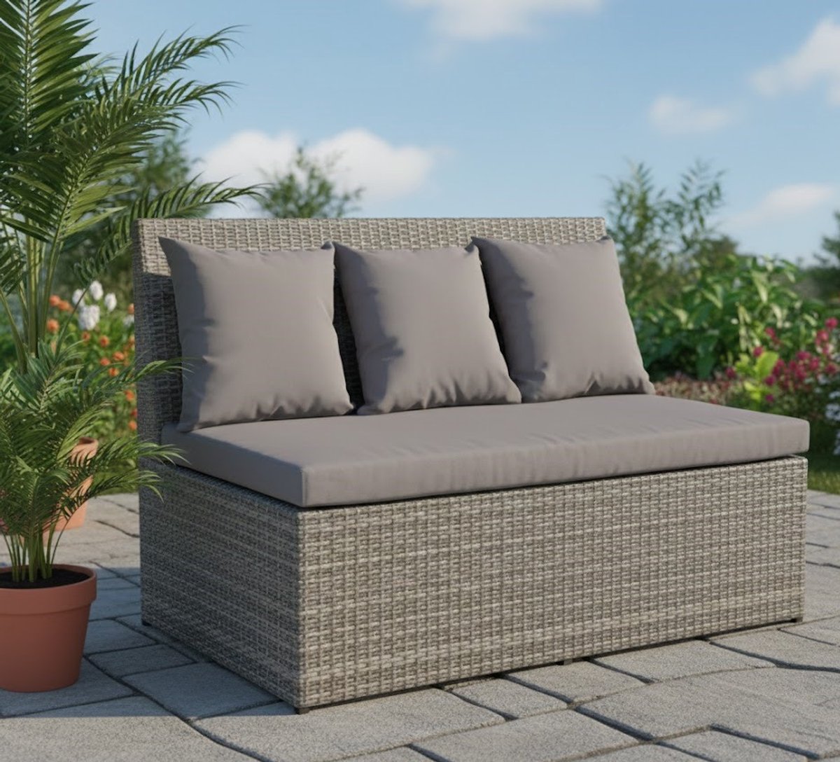 Luxe Polyrattan 2-Zits Tuinbank / Loungesofa – Weerbestendige Tuinbank met Kussens – Moderne Lounge Sofa voor Tuin, Balkon & Terras – Grijs met Donkergrijze Kussens (120 cm) House&Garden