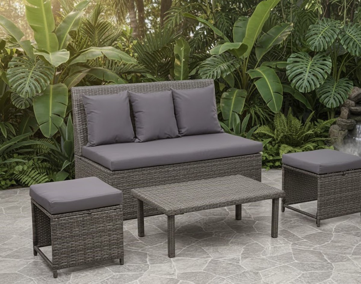 Luxe 2-Zits Polyrattan Loungesofa – Tuinbank Recliner met Donkergrijze Kussens – Weerbestendig, Modern Design, 120 cm – Perfect voor Balkon, Terras & Tuin House&Garden