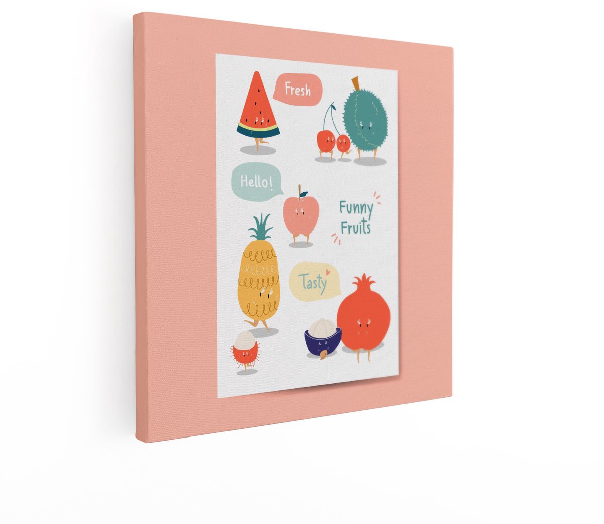 Artaza Canvas Schilderij Fruit Kinderkamer - 70x70 cm - Wanddecoratie Ananas - Muurdecoratie Grappige Fruitkarakters - Decoratie Babykamer