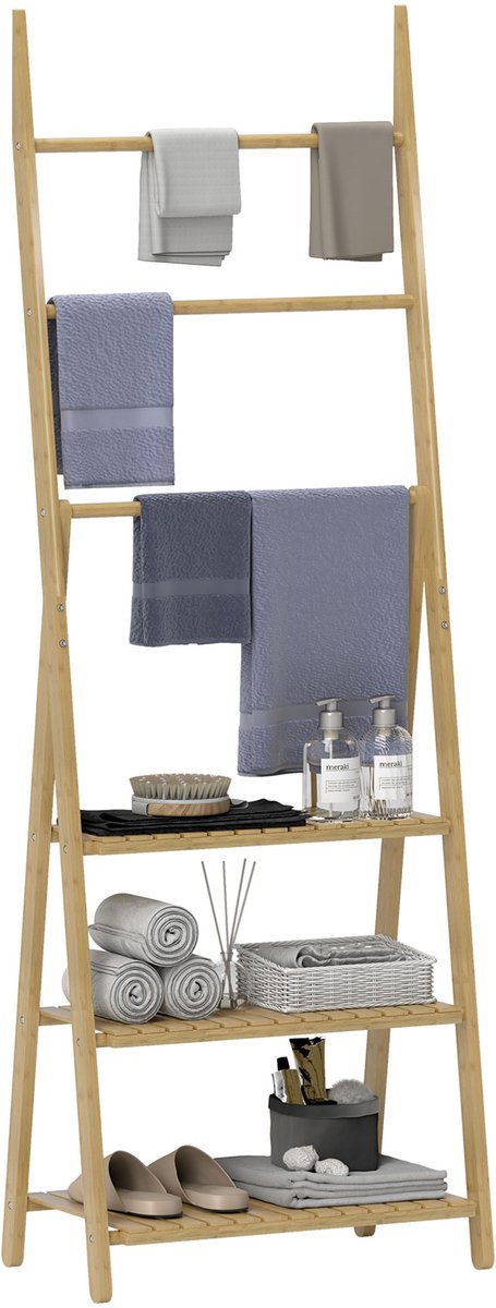 Bamboe Badkamerplank – 3 Lagen Met Handdoekrek, A-vormige Houten Plank Voor Badkamer en Toilet