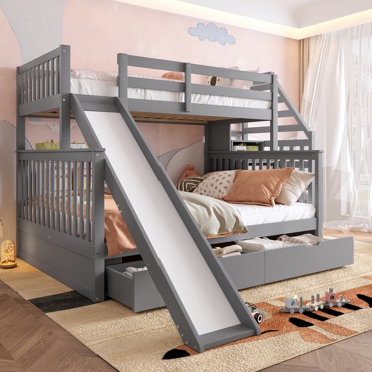 REDOM Stapelbed – Boven 90x200 cm, onder 140x200 cm – Met glijbaan en lades – Grijs