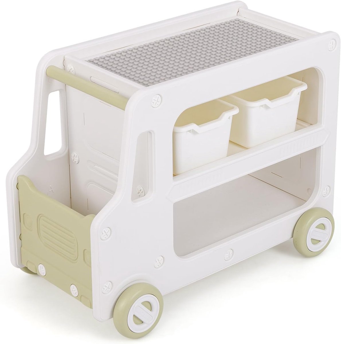 KOMFOTTEU Kids Truck Shaped Storage Unit HDPE Toy Book Storage Shelf Toy Organizer met 2 manden Kinderkamermeubilair
