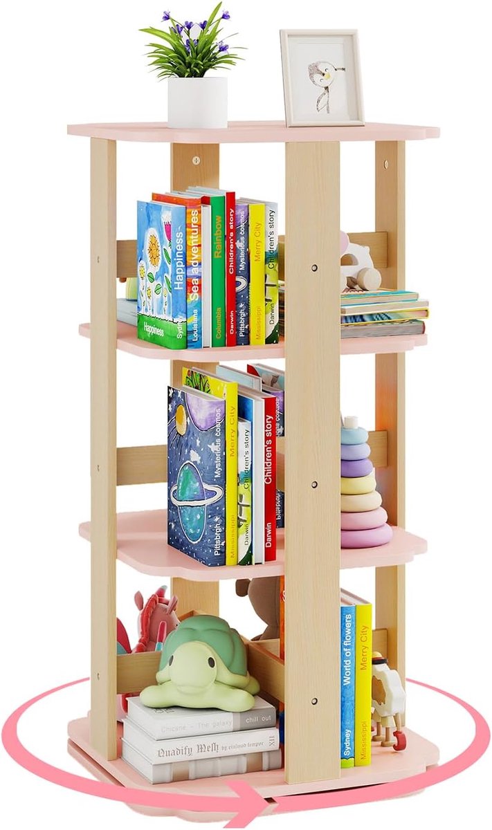 KOMFOTTEU 3-laags kinderboekenkast, 360° draaibare plank met 12 vakken, houten opbergrek voor kinderkamer, speelkamer, roze
