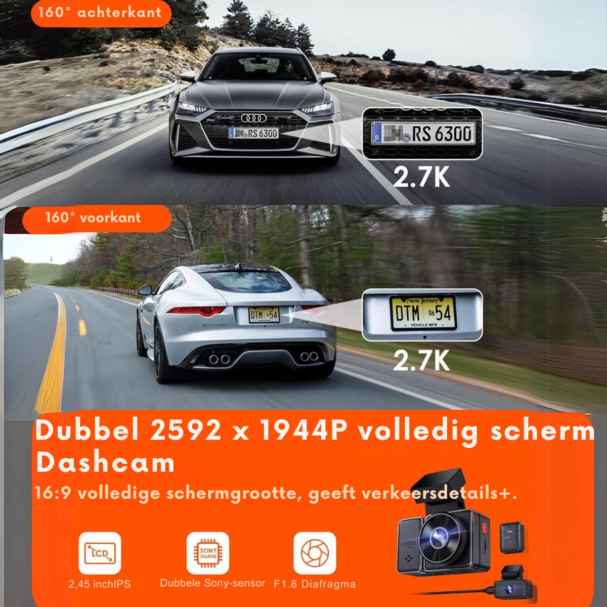 Aurixi® Dual Dashcam - Voor en Achter Camera – Auto Camera Met Nachtzicht - Zwart- 14cm x 15cm x 11cm – foto 5