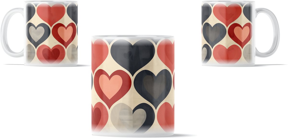 Retro Harten Patroon Valentijn Mok - Geometric Hearts - Stijlvol Vintage Design in Rood & Grijs - Luxe Valentijnscadeau Mok - Modern Hart Design Cadeau voor Haar - Tijdloos Hartenpatroon