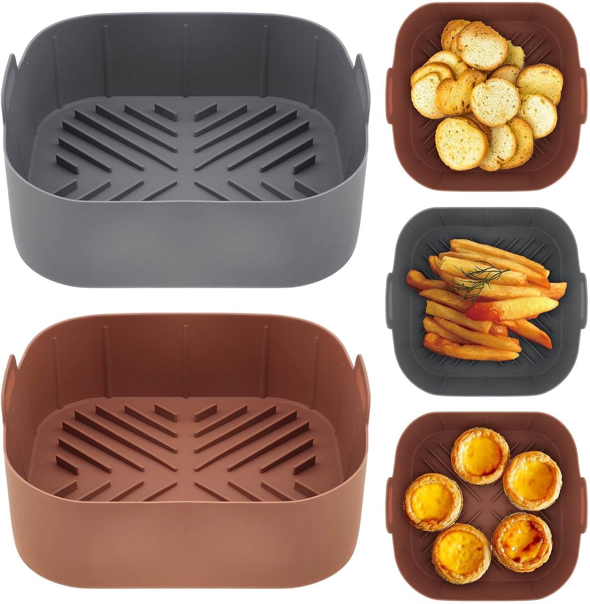 2 Stuks Vierkante Siliconen Air Fryer Liners 8.2 Inch - Set van 2 vierkante siliconen bakplaten - Herbruikbaar Voor 4 - 8 QT - Vervangt Bakpapier - Geschikt Voor Oven En Magnetron - Grijs&bruin