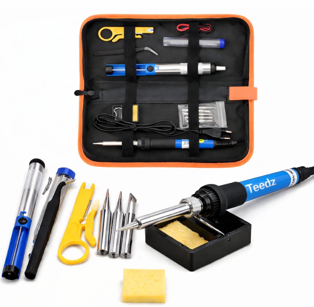 Teedz Soldeerbout Set 15-delig – Regelbare temperatuur 200-450°C – Inclusief verwisselbare tips, desoldeerpomp & opbergetui – Voor solderen en houtbranden - Thuisgebruik - Adapter - Houtbrander