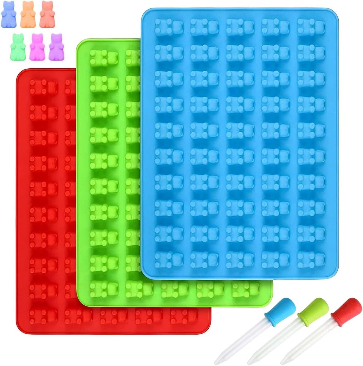 Set van 3 gummibeervormen en pipetten - Siliconen snoepvormpjes voor gelei en chocolade