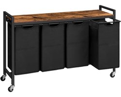 Aurixi® Wassorteerder 4 vakken - Wasmand 4 vakken 4x 39 Liter - Wasmand Met Opbergplank - Wassorteerder - Dubbele wasmand - Duo Wasmand – Wasmanden - Zwart - 111cm x 33cm x 75 cm