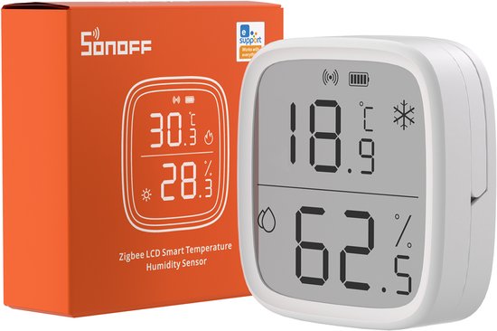Sonoff SNZB-02D Zigbee LCD Smart Temperatuur en Luchtvochtigheid Sensor met oranje verpakking. Digitale thermometer toont 18.9°C en 62.5% luchtvochtigheid.