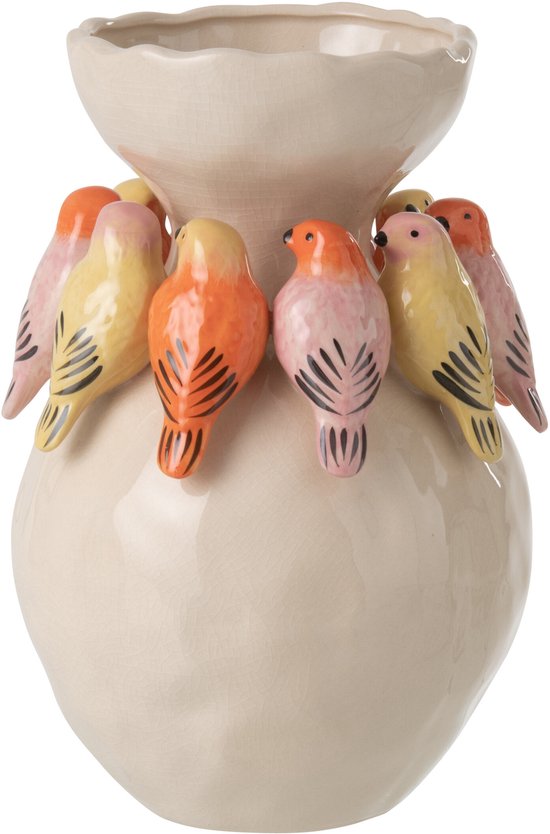 Beige keramieken vaas versierd met zeven kleurrijke vogels in oranje, geel en roze.