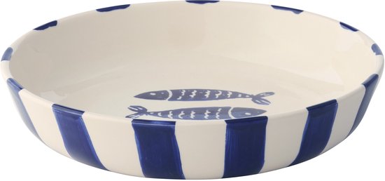 Céramique blanche avec des poissons bleus au fond et des rayures bleues sur l'extérieur.