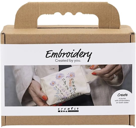 Creativ Company hobbyset borduurwerk make-uptas crème - DIY bloemen.