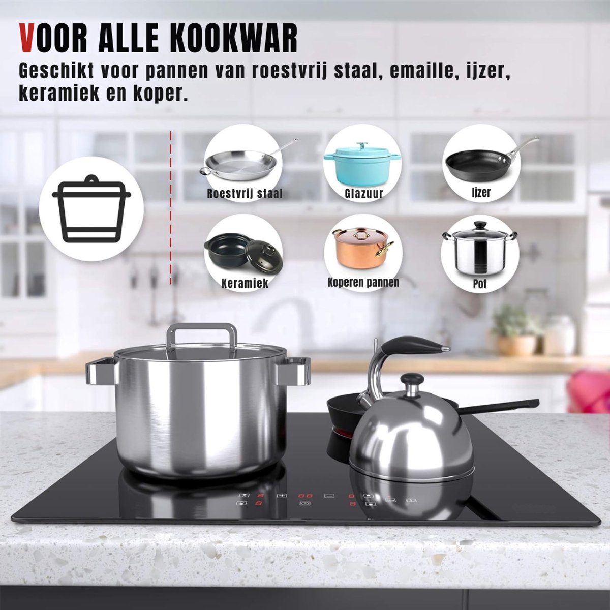 Zyrex® Elektrische Kookplaat 4 Pits - Elektrische Fornuis - Elektrische Kookplaat Vrijstaand - 4 Kookzones - Kinderslot - Zwart - ‎52cm x 59cm x 6cm