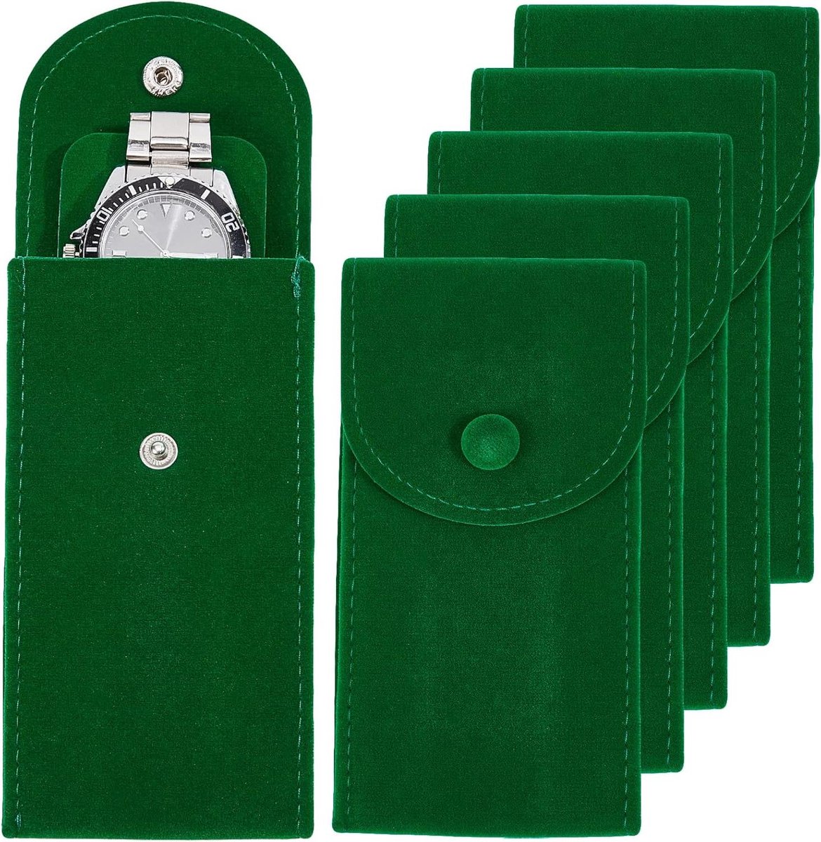 Allecto - Horloge Opbergtas Fluwelen Pouch - Draagbare Travel Case - Luxe Gift Tas - Drukknop Sieraden Organizer - Geschikt voor Horloges - Groen - Draagbaar - Reisvriendelijk - 6 Stuks - 13x6.7cm
