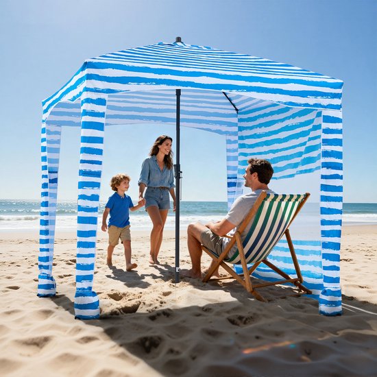 VEVOR Strandcabana 183 X 183 cm, Strandluifel met Zijwanden, Upf 50+ Zonbescherming, Strandpaviljoen met Zandzakken, Draagbare Parasol voor Familie En Vrienden, Blauwe Strepen van Vevor — afbeelding 2