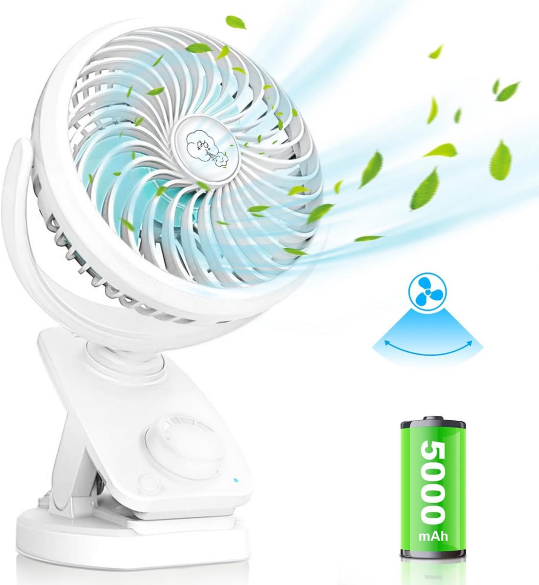 Mini USB Clip Ventilator - 5000 mAh, 2-in-1 Tafelventilator met Oscillatie, Stil en Draagbaar voor Kantoor en Camping