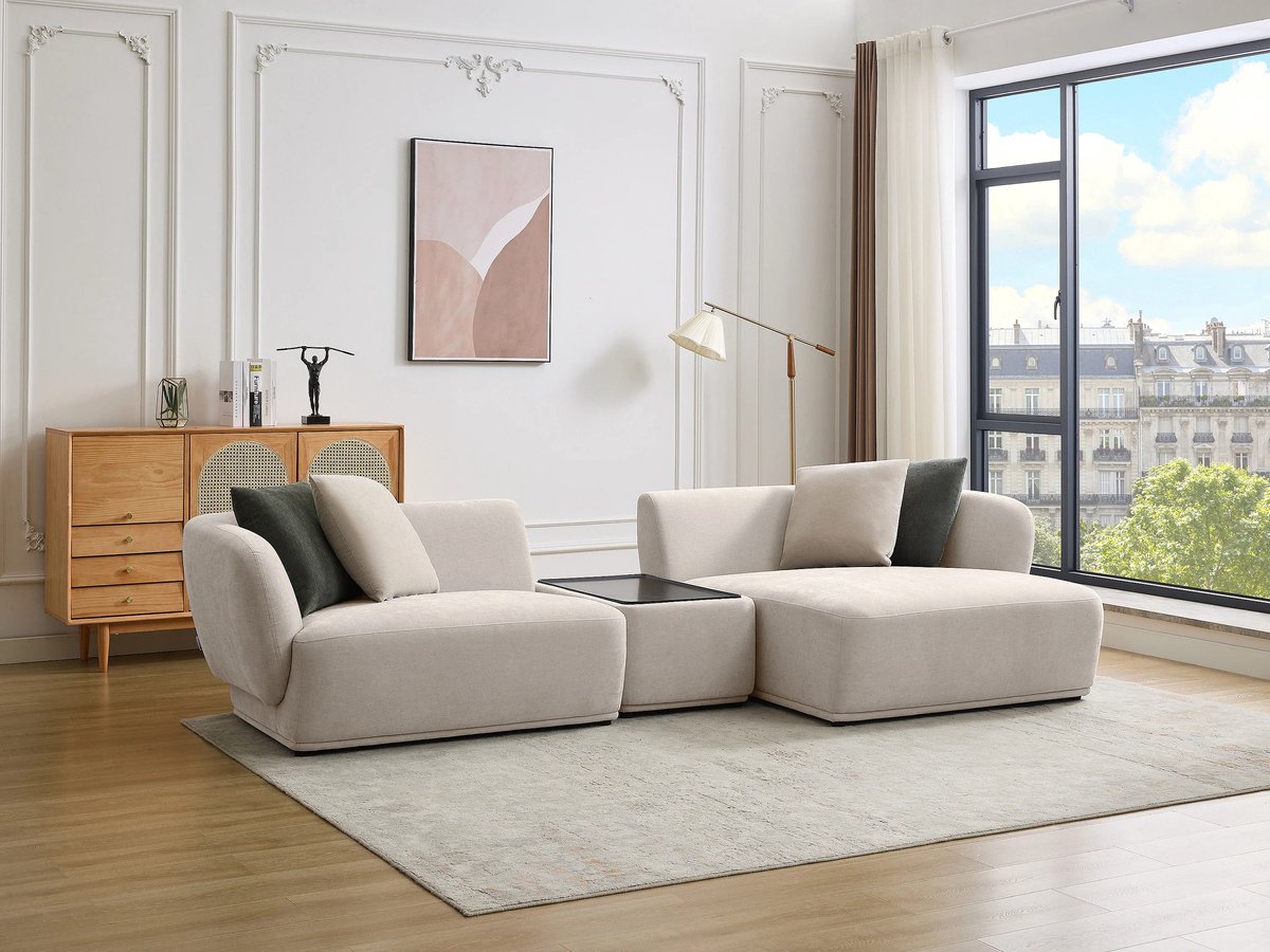 Hoekbank 321 x 151 x 71 cm – Modulaire 4-Zits Hoekbank met Ingebouwde Bijzettafel en Chaise Longue – Beige Design Bank – Hoek Rechts – RANASO – Bellavero