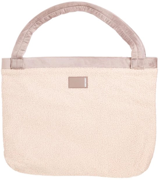Beige tas van teddyfleece met bruine fluwelen hengsels, rand en een rechthoekig label met Kentucky-tekst.