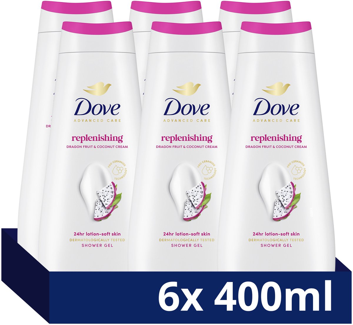 Dove - Douchegel - Advanced Care - Replenishing - Dragon Fruit & Coconut Cream - 6 x 400 ml - Voordeelverpakking