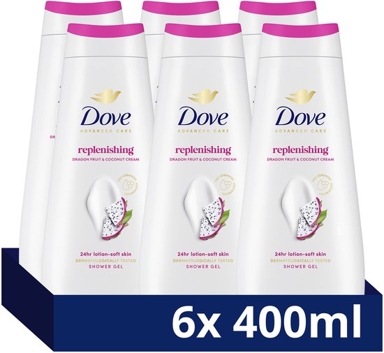 Voordeelverpakking van zes witte Dove douchegelflessen met roze dop.