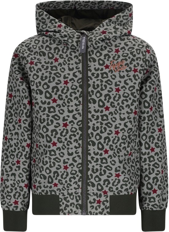 Veste grise avec imprimé léopard, étoiles rouges et logo sur la poitrine. Fermeture éclair et capuche.