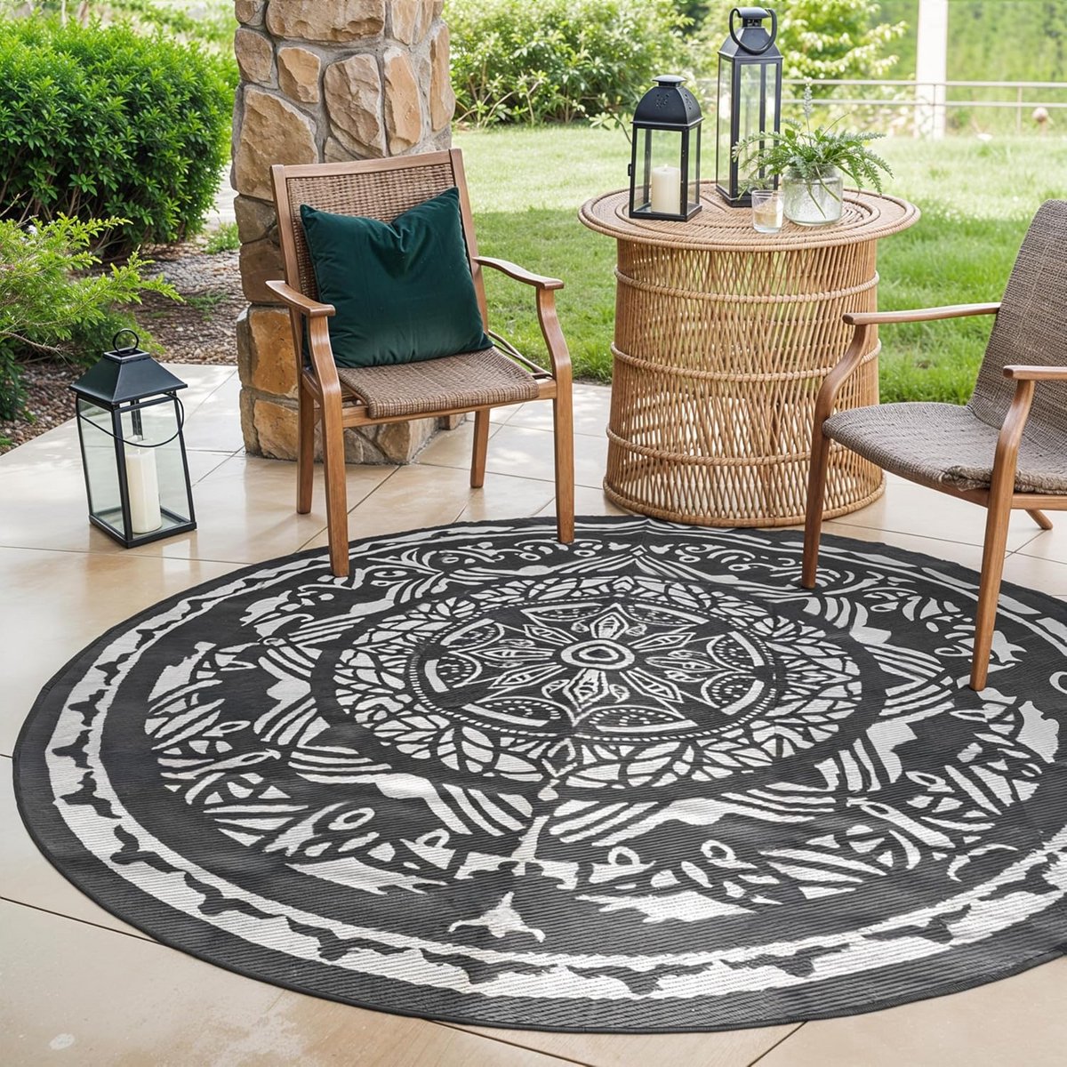 Rond kunststof buitentapijt, Ø 240 cm, weerbestendig, licht voor terras en balkon