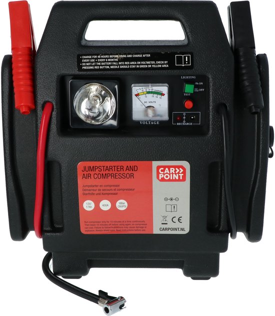 Carpoint Jumpstarter – 12 Volt –Met luchtcompressor - Piekvermogen 400A – Opladen met 230 Volt of 12 Volt adapter – Maximale druk compressor 18 BAR/260 PSI – Ingebouwde LED verlichting – Afmeting 365x345x175mm