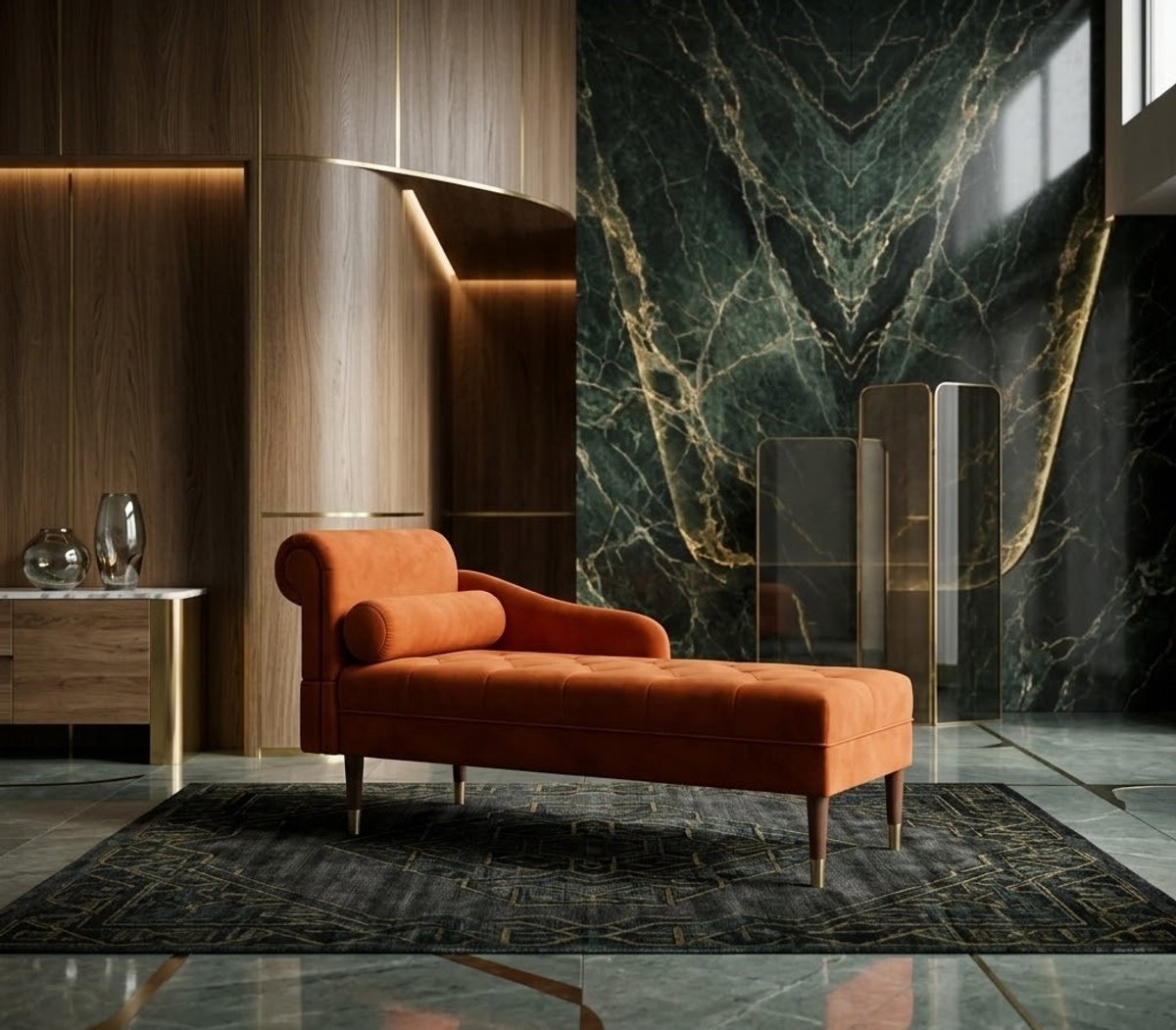 Luxe Fluwelen Chaise Longue met Lendenkussen – Elegante Loungebank voor Woonkamer, Slaapkamer en Kantoor – Moderne Fluwelen Recamiere Sofa 1-zits – 149,5 x 54 x 76 cm - Casa Serena – Casa Dorada