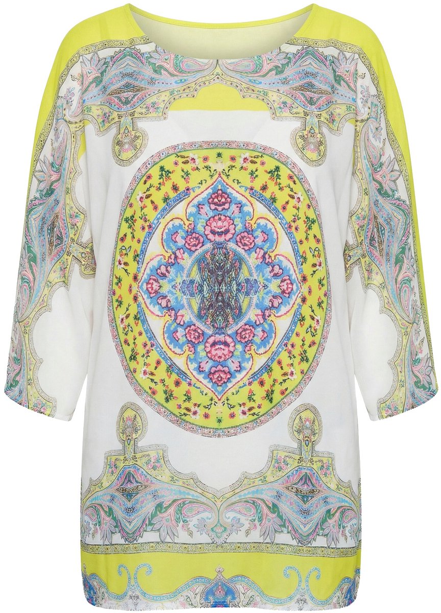 MIAMODA - Dames - overhemdblouse allover patroon met glittersteentjes - Citroengeel - Maat 56