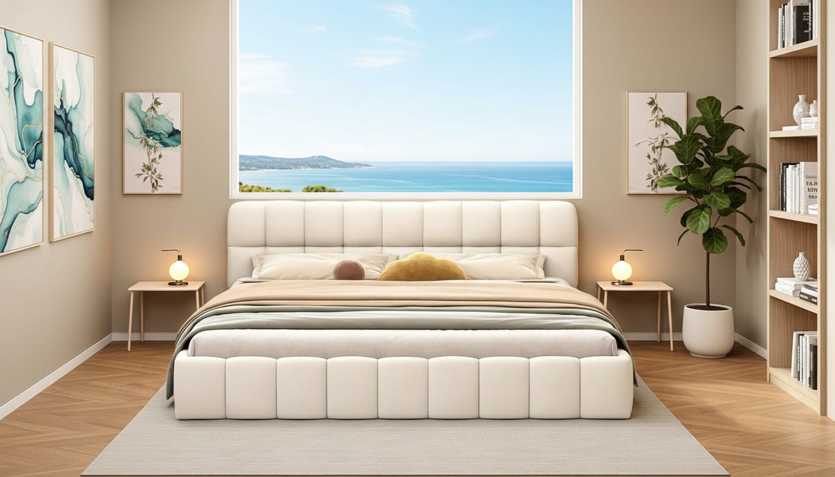 Gestoffeerd Tweepersoonsbed 160x200 cm – Casa Velluto Bubble Comfort Bed met Lattenbodem en Zachte Rugleuning – Modern Jeugdbed met Linnen Bekleding, Vlakbed Frame, Zonder Matras (Beige)