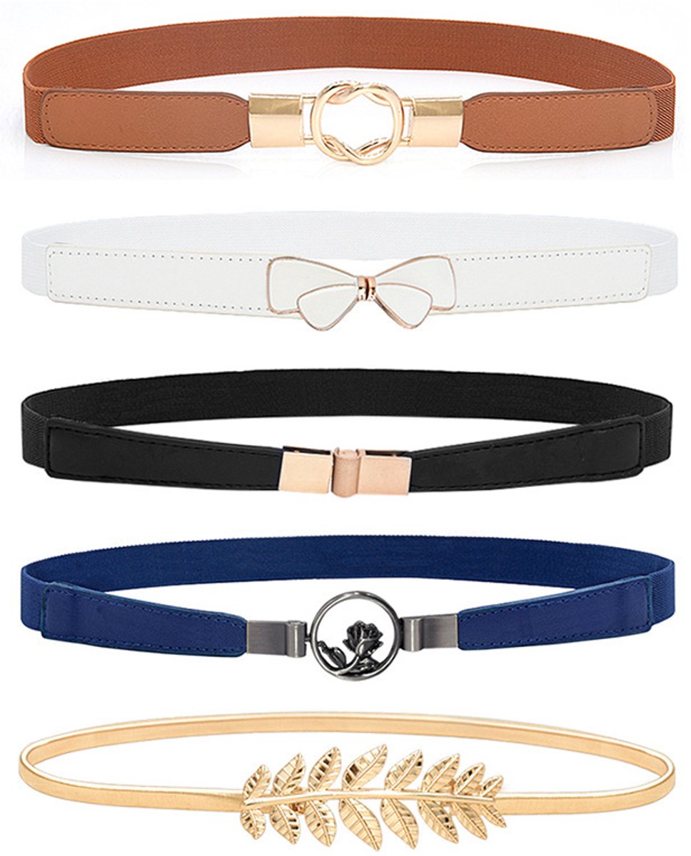TuseRxln Lastische Tailleriem - Elastische Riem - Uitrekbaar PU-leer Met Goudkleurig Metaalgesp - 5 Stuks - Voor Dames En Lichte Kleding - Meerdere Kleuren