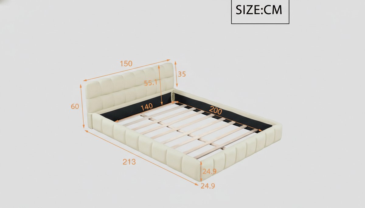 Gestoffeerd tweepersoonsbed 140x200 cm – Casa Velluto LoungeBed met zachte rugleuning, verzonken matrasdesign, lattenbodem en modern jeugdbed – linnen beige, vlakbed zonder matras