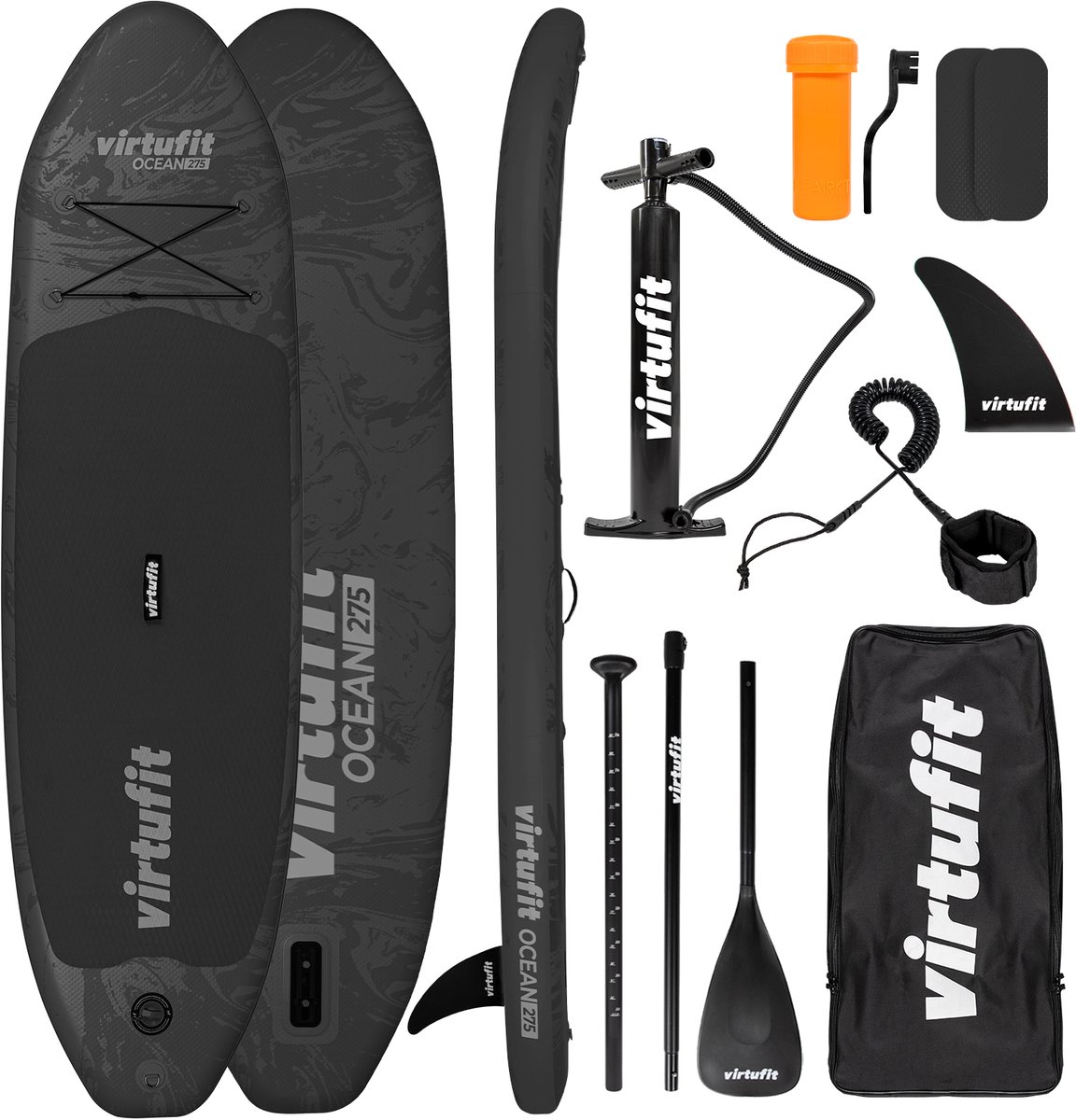 VirtuFit Ocean Opblaasbaar SUP Board 275 cm - Max. 150 kg - Complete Set - Inclusief Pomp, Peddel, Draagtas, Accessoires & GoPro-mount - Stand Up Paddle Board - Zwart