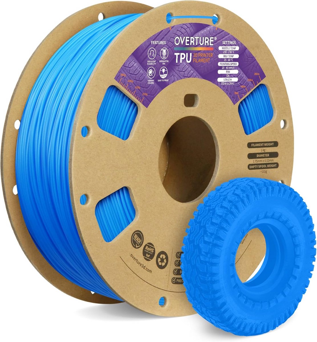 1.75mm Flexibel TPU 3D Printer Filament - 95A Rubberachtig, 1kg Spoel met Nauwkeurigheid